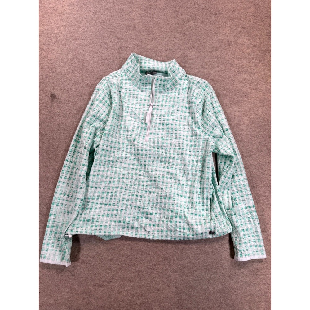 Talbots Womens Green White Picnic Plaid Stretch Half Zip Bungee Hem Sweatshirt M